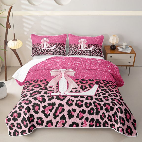 Manfei Sweet Alphabet L Bed Spread Queen,Chic Cheetah Pattern Queen Coverlet Set,Pink,3-Piece