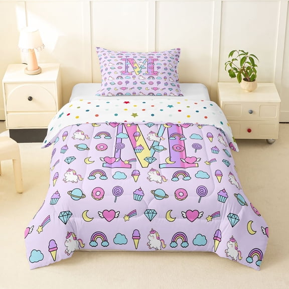 Manfei Sweet Alphabet M Twin Comforter Sets,Kawaii Unicorn Bedding Set,Purple,Polkadot Reversible,2-Piece,1 Comforter and 1 Pillowcase