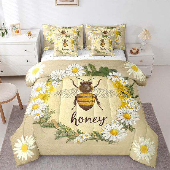 Manfei Sweet Bee Honey 7-Piece Twin Bedding Sets,Cute Daisy Flower Bedding Comforter Set,Rustic Floral Sheet Sets For Kids Teens,Microfiber Bedroom Decor Reversible