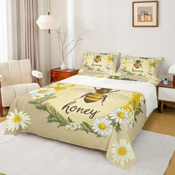 Manfei Sweet Bee Honey Bed Sheets,Cute Daisy Flower King Sheets,Rustic Floral Sheet Set For Kids Teens,Microfiber Bedroom Decor,4pcs