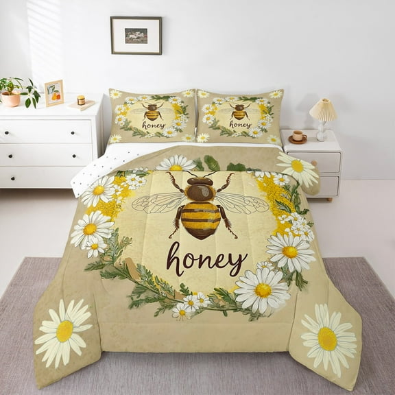 Manfei Sweet Bee Honey Bedding Comforter Set,Cute Daisy Flower Twin Comforter Sets,Rustic Floral Bedding Set For Kids Teens,Microfiber Bedroom Decor Reversible,2pcs
