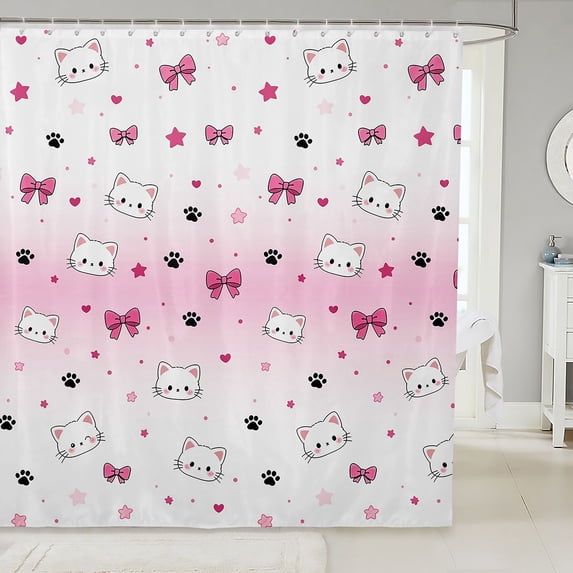 Manfei Sweet Bow Cat Shower Curtain 72Wx72L, Love Heart Paw Bathroom Curtain, Pink White