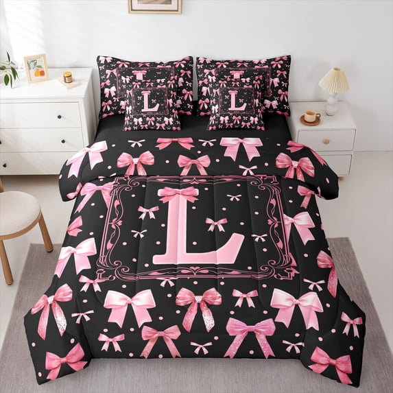 Manfei Sweet Bownot 7 Pieces Full Size Bedding Sets,Cartoon Initial L Full Size Bed in a Bag,Black Pink,Black Reversible