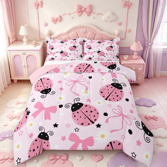 Manfei Sweet Bowtie Full Size Comforter Sets,Ladybug Daisy Bedding Comforter Set,Pink Reversible,3-Piece,1 Comforter and 2 Pillowcases