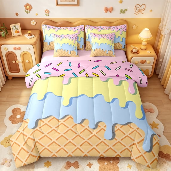 Manfei Sweet Candy 7pcs Queen Bedding,Watercolor Ice Cream Bedding Comforter Set Queen,Pink Reversible