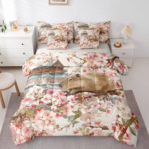 Manfei Sweet Capybara 7pcs Queen Bedding,Pink Flowers Print Bedding Comforter Set Queen,Light Gray Reversible