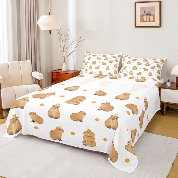 Manfei Sweet Capybara Bed Sheets,Cute Orange Full Size Sheets,White,4-Piece,1 Flat Sheet, 1 Fitted Sheet and 2 Pillowcases