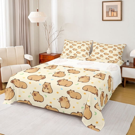 Manfei Sweet Capybara Bed Sheets,Kawaii Stars Full Size Sheets,Yellow,4pcs,1 Flat Sheet, 1 Fitted Sheet and 2 Pillowcases