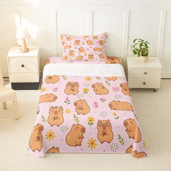 Manfei Sweet Capybara Twin Sheets,Pretty Floral Bedding,Pink,3-Piece,1 Fitted Sheet and 1 Pillowcase