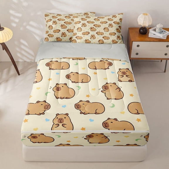 Manfei Sweet Capybara Zipper Full Size Comforter Sets with Fitted Sheet and 2 Pillowcases,Kawaii Stars Zipper Bedding Set,Yellow,Light Gray Reversible,4pcs