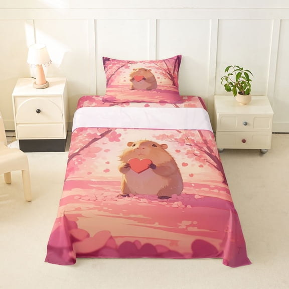 Manfei Sweet Cherry Blossoms Print Twin Sheets,Lovely Capybara Bedding,Pink,3pcs,1 Fitted Sheet and 1 Pillowcase