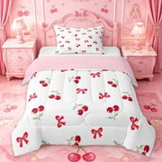 Manfei Sweet Cherry Bow Twin Comforter Sets For Kids,Kawaii Cherry Bedding Set For Bowknot Lover,Pink Reversible,2pcs