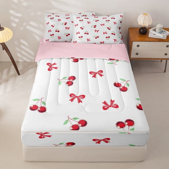 Manfei Sweet Cherry Bow Zipper Twin Comforter Sets with Fitted Sheet and 2 Pillowcases For Kids,Kawaii Cherry Zipper Bedding Set For Bowknot Lover,Pink Reversible,4 Pieces
