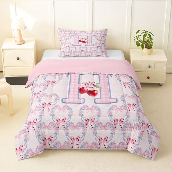 Manfei Sweet Cherry Monogrammed Themed Twin Comforter Sets,Girly Personalized Gifts Bedding Set,Pink,Pink Reversible,2 Pieces,1 Comforter and 1 Pillowcase