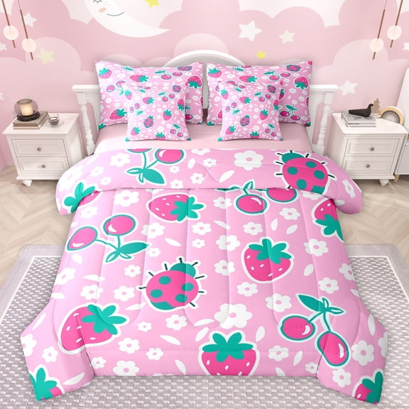 Manfei Sweet Cherry Strawberry 7 Pieces Bedding Comforter Set,Cartoon Wild Ladybug Full Bedding Set,Pink Cyan White Fitted Sheet Flat Sheet For Girls Kids,Microfiber Bedroom Decor Reversible