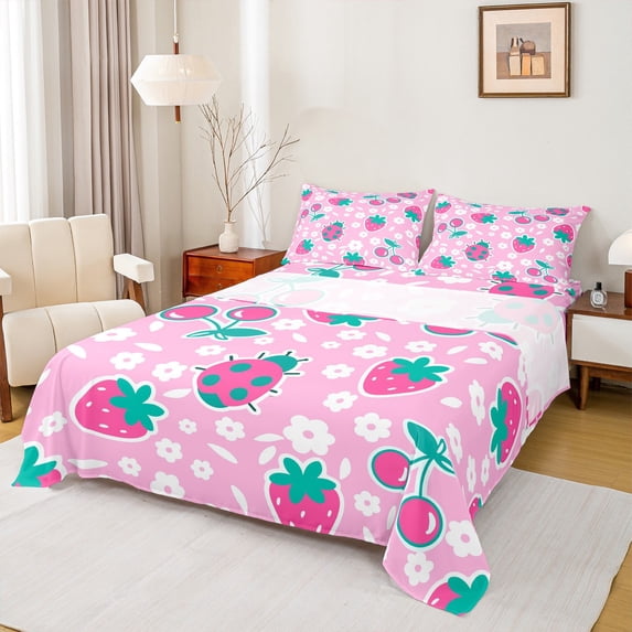 Manfei Sweet Cherry Strawberry Full Size Sheets,Cartoon Wild Ladybug Bed Sheets,Pink Cyan White Sheet Sets For Girls Kids,Microfiber Bedroom Decor,4 Pieces