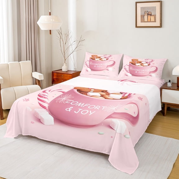 Manfei Sweet Dessert Bed Sheets,Kawaii Gingerbread Man King Sheets,Christmas Candy Cane Sheet Set For Girl Kids,Breathable Home Decor,4-Piece