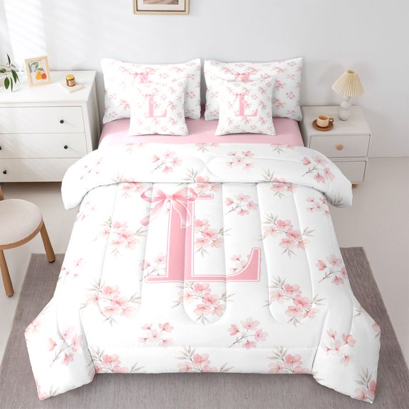 Manfei Sweet Floral 7-Piece Twin Bedding,Cartoon Initial L Bedding Comforter Set,Pink,Pink Reversible