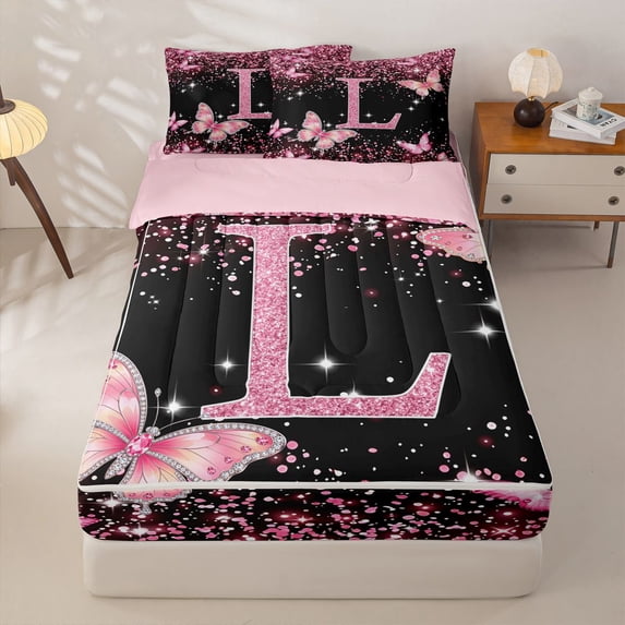 Manfei Sweet Gliter Print Zipper Full Size Comforter Sets with Fitted Sheet and 2 Pillowcases,Cartoon Initial L Zipper Bedding Set,Pink,Pink Reversible4pcs
