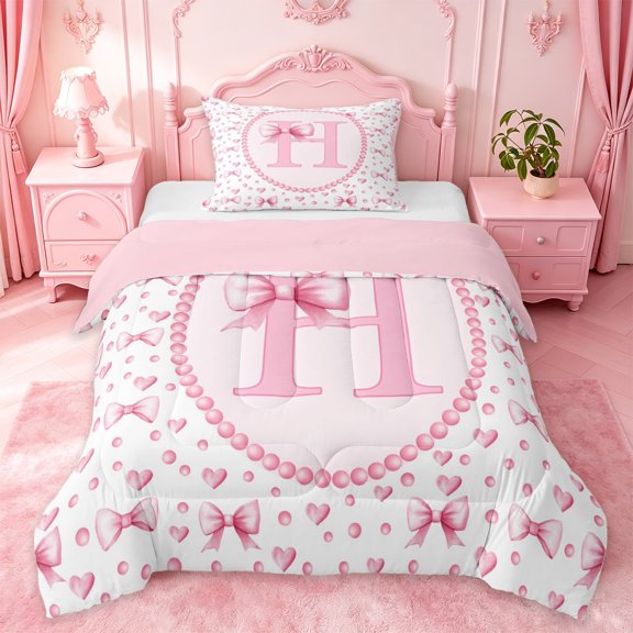 Manfei Sweet Heart Bow Twin Comforter Sets For Kids,Letter H Monogram Letter Bedding Set For Girly,Pink Reversible,2pcs