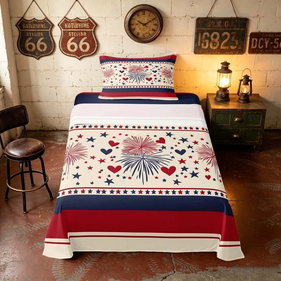 Manfei Sweet Heart Stars Twin Sheets, Firework Stripe Bedding, Red White Blue, Black Reversible 3-Piece (1 Flat Sheet, 1 Fitted Sheet and 1 Pillowcase)