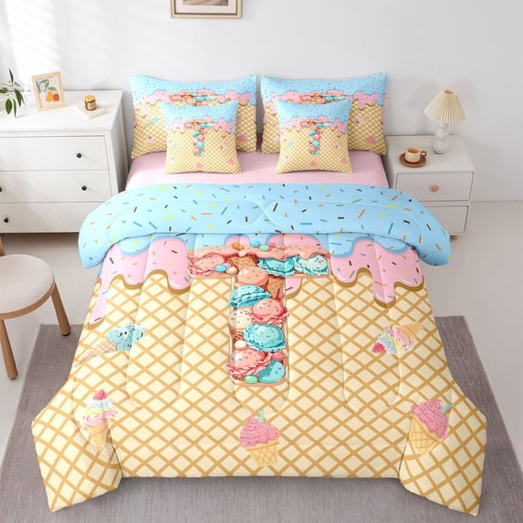 Manfei Sweet Initial T Print 7pcs Queen Bedding,Cartoon Ice Cream Bedding Comforter Set Queen,Yellow,Pink Reversible