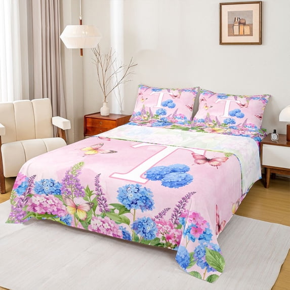 Manfei Sweet Initial T Print Bed Sheets,Cartoon Flower Full Size Sheets,Multicolored,4pcs