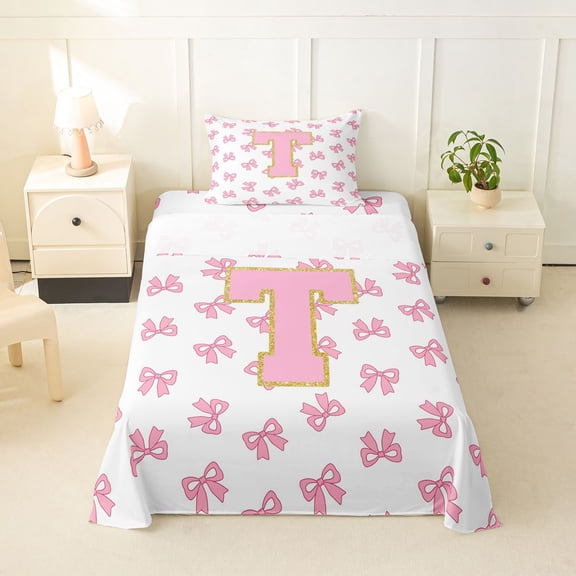Manfei Sweet Monogram T Twin Sheets,Pretty Bow Bedding,Pink,3-Piece
