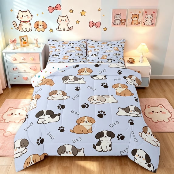 Manfei Sweet Puppy Full Size Comforter Sets, Dog Paw Bone Bedding Comforter Set, Light Blue, Polkadot Reversible, 3pcs, 1 Comforter and 2 Pillowcases