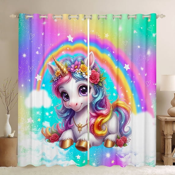 Manfei Sweet Rainbow Kitchen Curtains,Lovely Unicorn Print Black Out Curtains Pack of 2 (42x63 Each),Multicolor