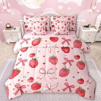 Manfei Sweet Strawberry 7-Piece Twin Bedding Sets,Cartoon Daisy Loves Bedding Comforter Set,Pink Bowknot Ribbon Sheet Sets For Kids,Microfiber Bedroom Decor Reversible