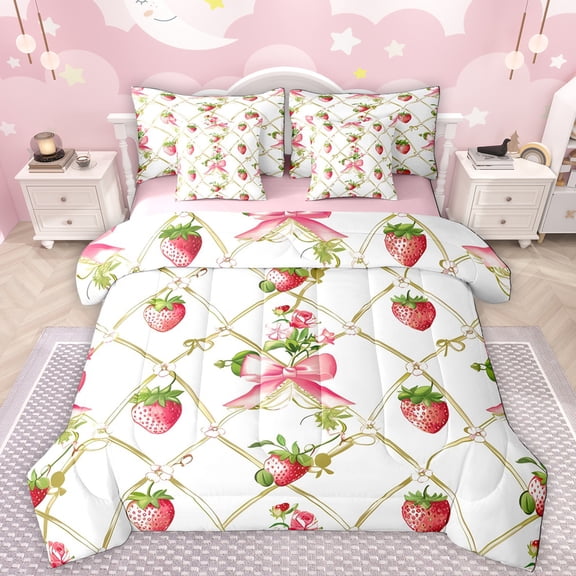 Manfei Sweet Strawberry 7pcs Bedding Comforter Set,Chic Bow Ribbon Queen Bedding Sets,White Red Green Queen Sheet Sets For Kids,Microfiber Bedroom Decor Reversible