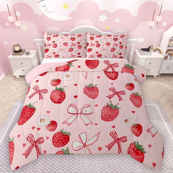 Manfei Sweet Strawberry Bedding Comforter Set,Cartoon Daisy Loves Twin Comforter Sets,Pink Bowknot Ribbon Bedding Set For Kids,Microfiber Bedroom Decor Reversible,2pcs