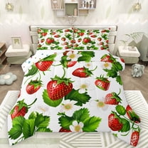 Manfei Sweet Strawberry Bedding Comforter Set,Rustic Flower Floral Twin Comforter Sets,Red Green White Bedding Set For Kids,Microfiber Bedroom Decor Reversible,2pcs