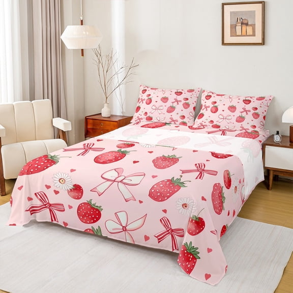 Manfei Sweet Strawberry Twin Sheet Sets,Cartoon Daisy Loves Twin Fitted Sheet,Pink Bowknot Ribbon Flat Sheet For Kids,Microfiber Bedroom Decor,3pcs