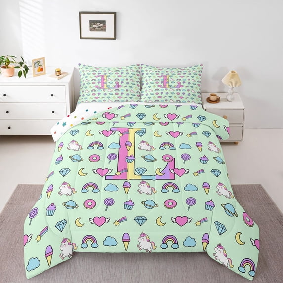 Manfei Sweet Unicorn Treats Queen Comforter Set,Cartoon Initial L Comforter Sets Queen,Light Green Multicolor,Polkadot Reversible,3pcs,1 Comforter and 2 Pillowcases