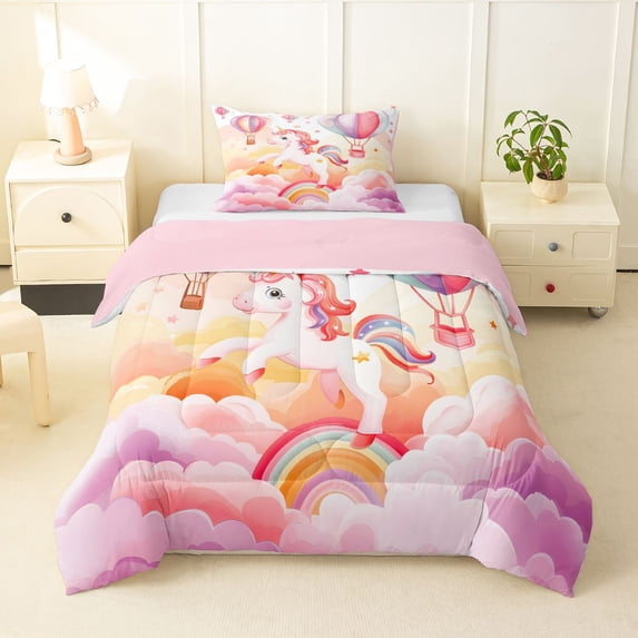 Manfei Sweet Unicorn Twin Comforter Sets,Dreamy Cloud Balloon Bedding Set,Pink Multicolor,Pink Reversible,2 Pieces,1 Comforter and 1 Pillowcase