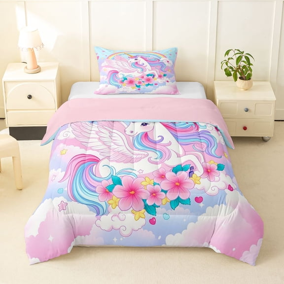 Manfei Sweet Unicorn Twin Comforter Sets,Magic Rainbow Flower Bedding Set,Pink Blue Multicolor,Pink Reversible,2pcs,1 Comforter and 1 Pillowcase