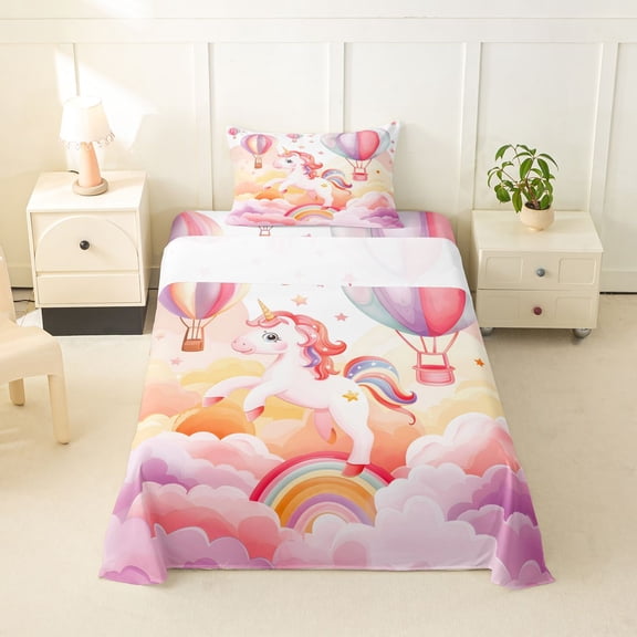 Manfei Sweet Unicorn Twin Sheets,Dreamy Cloud Balloon Bedding,Pink Multicolor,3 Pieces,1 Fitted Sheet and 1 Pillowcase