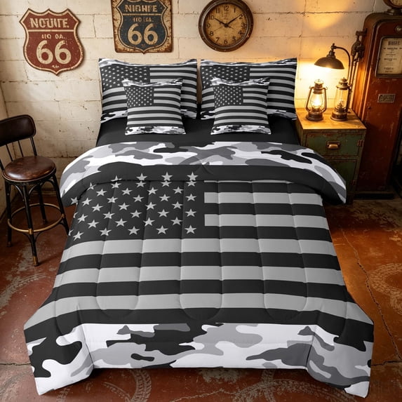 Manfei Tactical Gray Camo American Flag Full Size Bedding Sets, Modern Patriotic Fourth of July Full Size Bed in a Bag, Black Reversible 7-Piece