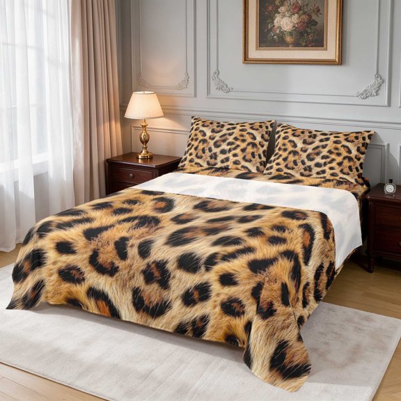 Manfei Tawny Leopard King Sheets, Black Spot Texture Bedding 4pcs (1 Flat Sheet, 1 Fitted Sheet and 2 Pillowcases)