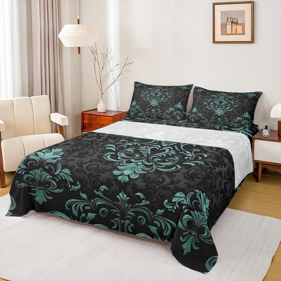 Manfei Teal Baroque Damask Bed Sheets Set King Size, Hippie Flower Floral Bedding Sets King Size, Vintage Victorian Top Sheet, Breathable Bedroom Decorative, 4-Piece