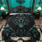 Manfei Teal Baroque Damask Bedding Queen Comforter Set, Hippie Flower Floral Down Comforter, Vintage Victorian Bedding S