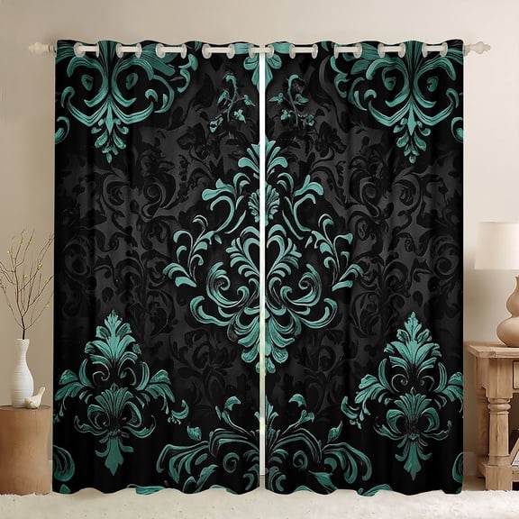 Manfei Teal Baroque Damask Curtains Pack of 2 (42x84), Hippie Flower Floral Black Out Curtains, Vintage Victorian Window Curtains, Stylish Bedroom Decorative