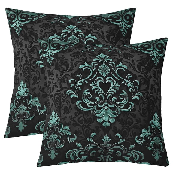 Manfei Teal Baroque Damask Cushion Covers for Sofa Set of 2, Hippie Flower Floral Throw Pillow Covers for Bed, 16x16, Vintage Victorian Throw Pillow Covers, Breathable Bedroom Decorative