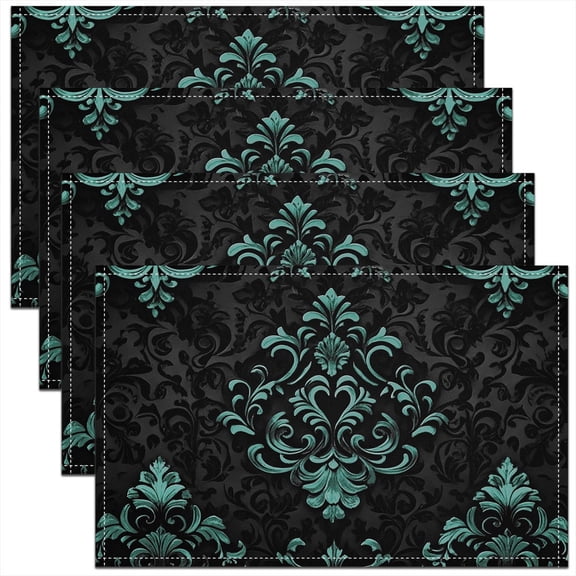 Manfei Teal Baroque Damask Placemats Set of 4, Hippie Flower Floral Table Mats for Dining Table Set of 4, Vintage Victorian Table Place Mats for in Door Dining, Stylish Dining Room Decorative