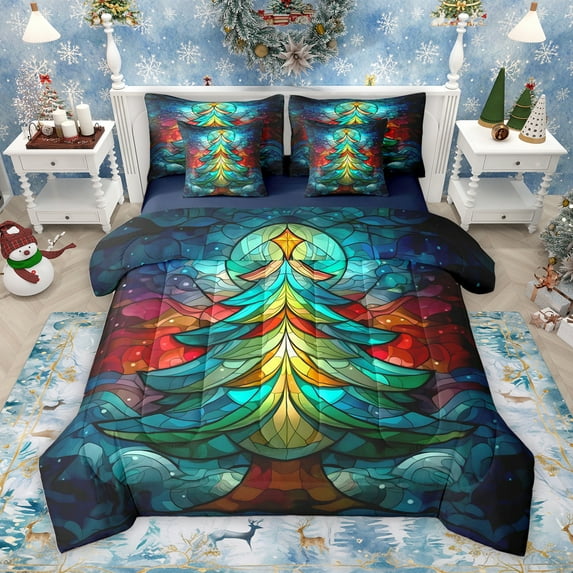 Manfei Teal Christmas Tree Bedding Comforter Set 7 Pieces, Tribal Western Festival Full Bedding Set, Vintage Boho Abstract Reversible Fitted Sheet Flat Sheet, Ultra Soft Bedroom Decor
