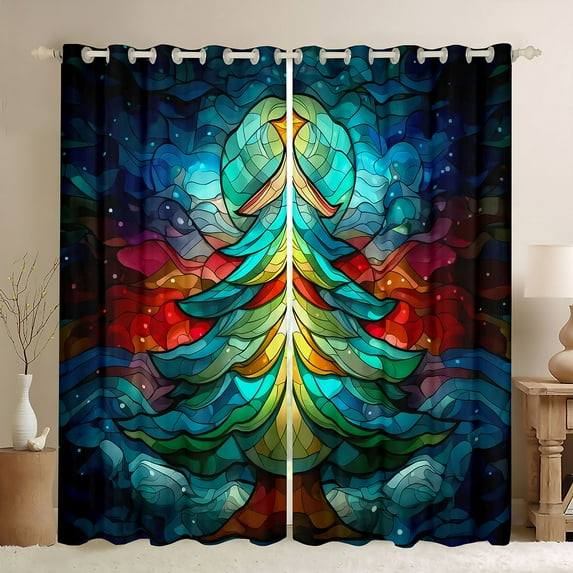 Homewish Teal Christmas Tree Blackout Curtains Set of 2 (52x84 Each), Tribal Western Festival Window Curtains, Vintage Boho Abstract Curtains and Drapes, Living Room Curtains Decor