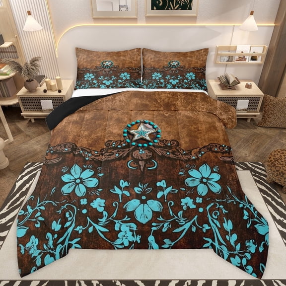 Manfei Teal Floral Flowers 3 Pieces Queen Comforter Set,Exotic Style Ultra Soft Bedding Sets,Retro Vintage Bedding Comforter Set,Breathable Home Decor,Reversible