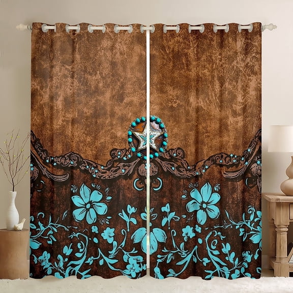 Manfei Teal Floral Flowers Black Out Curtains,Exotic Style Curtains Pack of 2 (42x63 Each),Retro Vintage Bedroom Curtains,Breathable Home Decor